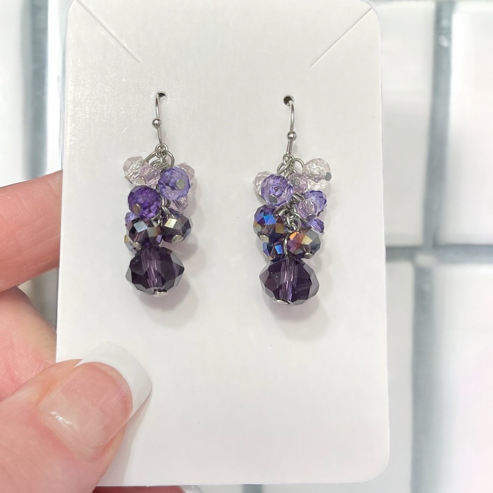 Purple & Clear Aurora Borealis Crystal Cluster Chandelier Earrings